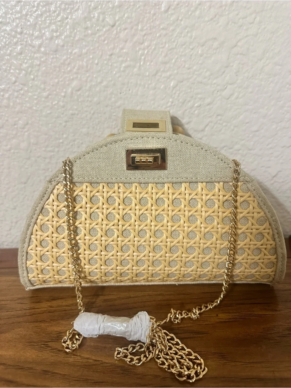 Beige Woven Straw Dome Wristlet Bag with Wooden Bead Handle